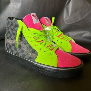 Vans Sk8-Hi Krewe Kanaval Mardi Gras Neon Pink Green Glitter Checkerboard